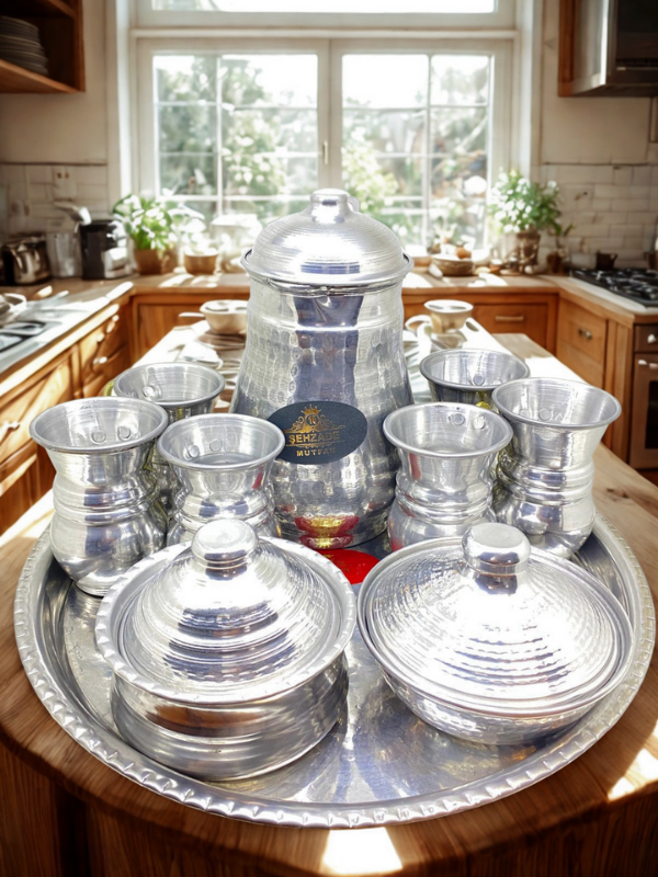 10 Parça El Yapımı Alüminyum Set – Bardak, Sürahi, Şekerlik, Çerezlik, Tepsi