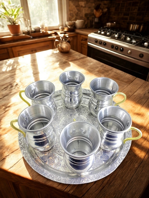 Şehzademutfak 6'lı El Işlemeli Kulplu Alüminyum Su Bardağı Seti – Gümüş Görünümlü