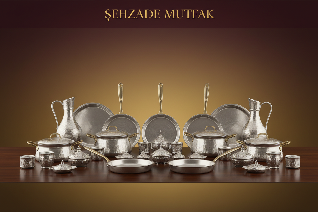 Premium homepage banner design for the brand "Şehzade Mutfak".
Elegant, luxurious Ottoman-inspired style.
Gold and dark burgundy color palette with a soft gradient background.

Handcrafted aluminum kitchenware displayed in the center:
pots, pans, pitchers, cups, sugar bowls and delight bowls,
arranged symmetrically and neatly.

High-quality metallic texture,
subtle reflections, realistic lighting,
no clutter, clean and elite composition.

ŞEHZADE MUTFAK logo placed gracefully at the top,
royal but modern br